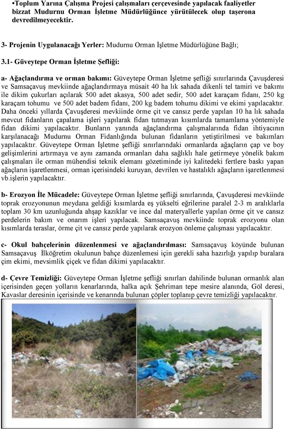 1- Güveytepe Orman İşletme Şefliği: a- Ağaçlandırma ve orman bakımı: Güveytepe Orman İşletme şefliği sınırlarında Çavuşderesi ve Samsaçavuş mevkiinde ağaçlandırmaya müsait 40 ha lık sahada dikenli