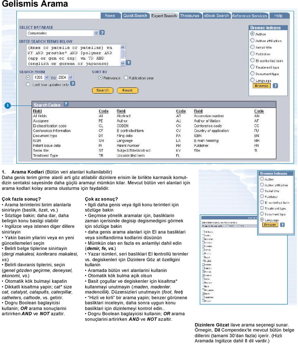 kilar. Mevcut bütün veri alanlari için arama kodlari kolay arama olusturma için faydalidir. Çok fazla sonuç? Arama terimlerini birim alanlarla sinirlayin (baslik, özet, vs.