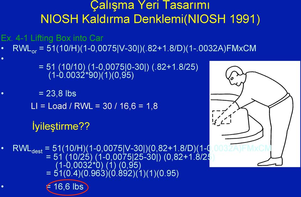 0032*90)(1)(0,95) = 23,8 lbs LI = Load / RWL = 30 / 16,6 = 1,8 İyileştirme?