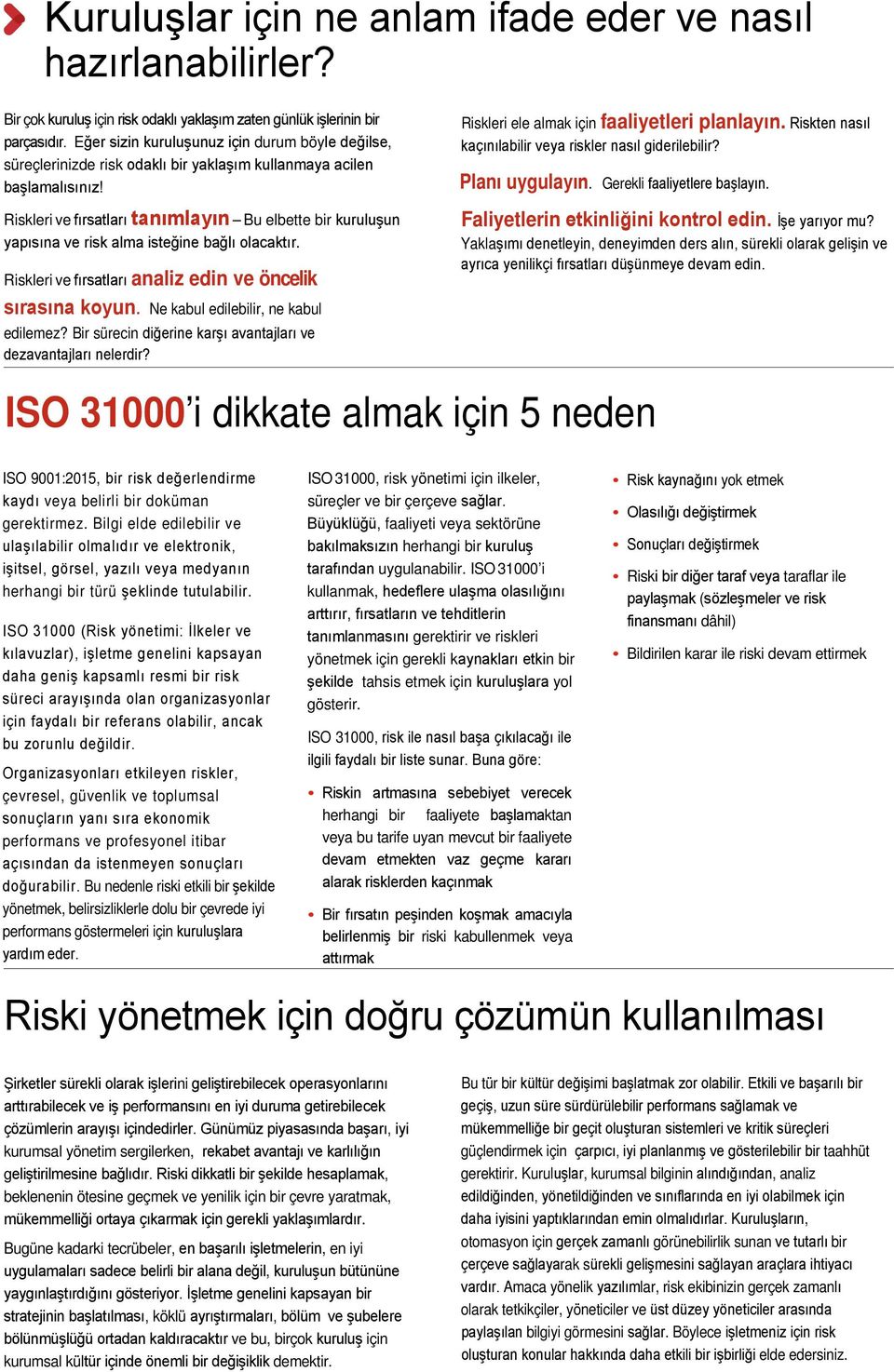 Riskleri ve fırsatları tanımlayın Bu elbette bir kuruluşun yapısına ve risk alma isteğine bağlı olacaktır. Riskleri ve fırsatları analiz edin ve öncelik sırasına koyun.