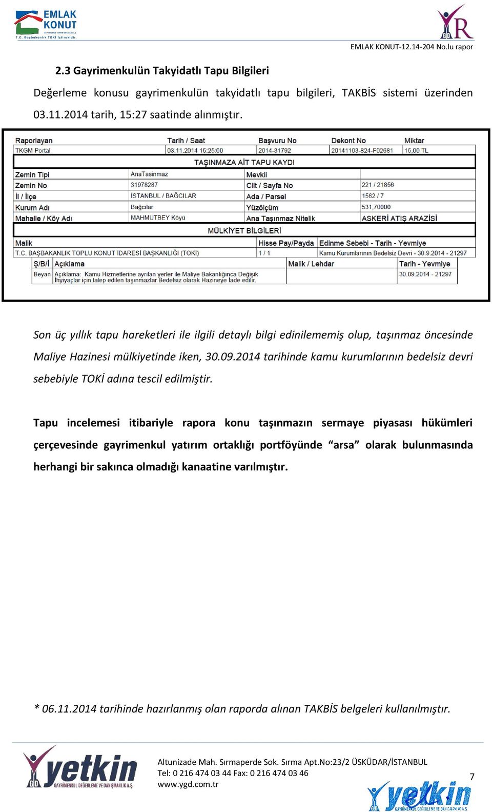 2014 tarihinde kamu kurumlarının bedelsiz devri sebebiyle TOKİ adına tescil edilmiştir.