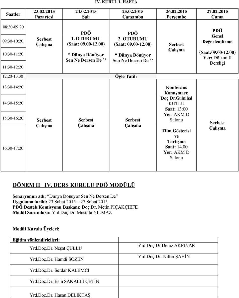 30 Öğle Tatili 13:30-14:20 14:30-15:20 15:30-16:20 16:30-17:20 Konferans Konuşmacı: Doç.Dr.Gülnihal KUTLU Saat: 13:00 Yer: AKM D Salonu Film Gösterisi ve Tartışma Saat: 14.