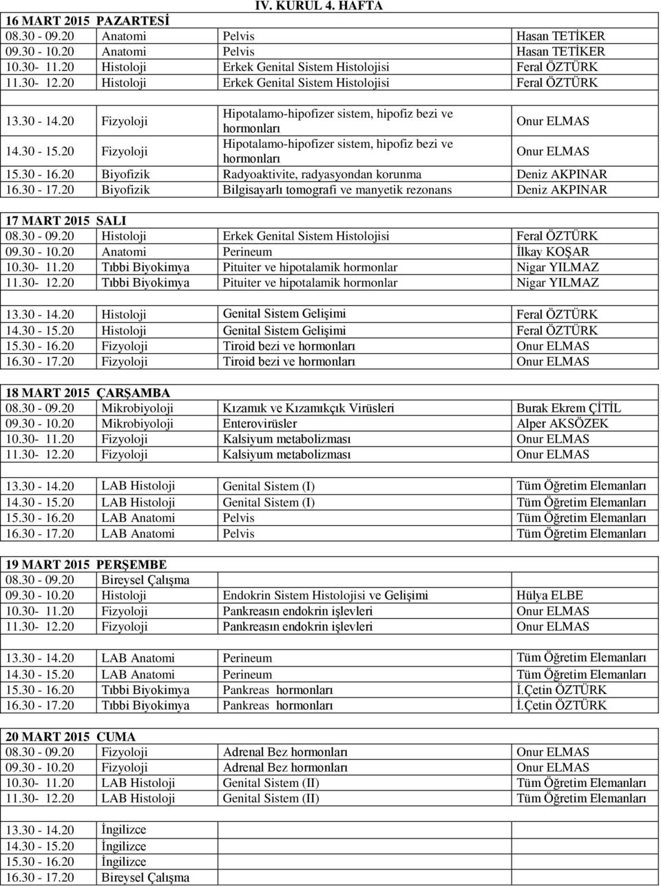 20 Fizyoloji Hipotalamo-hipofizer sistem, hipofiz bezi ve hormonları Onur ELMAS 15.30-16.20 Biyofizik Radyoaktivite, radyasyondan korunma Deniz AKPINAR 16.30-17.