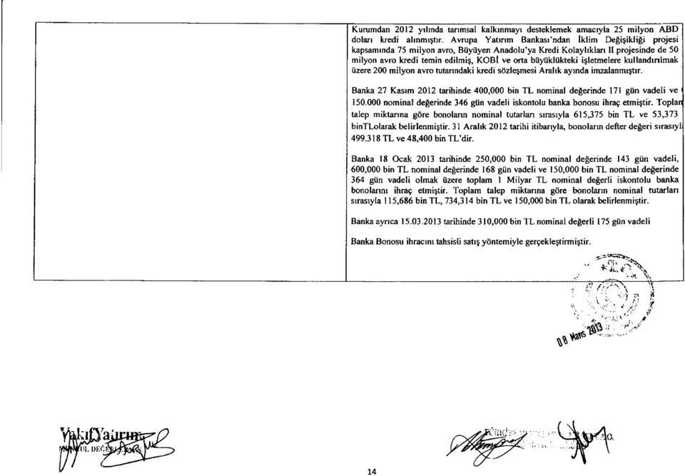 igletmelere kullandrnlmak iizere 200 milyon avro tutanndaki kredi sd'zlegmesi Aralrk ayrnda imzalanmrgtrr. Banka 27 Kasrm 2012 tarihinde 400,000 bin TL nominal delerinde l7l gon vadeli ve 150.