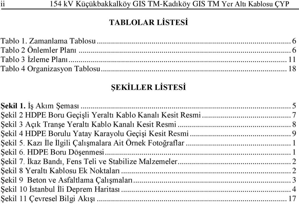 .. 7 Şekil 3 Açık Tranşe Yeraltı Kablo Kanalı Kesit Resmi... 8 Şekil 4 HDPE Borulu Yatay Karayolu Geçişi Kesit Resmi... 9 Şekil 5. Kazı İle İlgili Çalışmalara Ait Örnek Fotoğraflar.