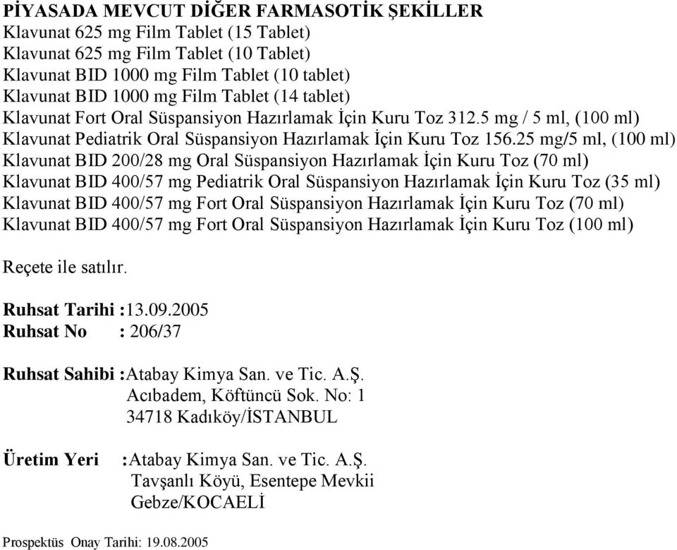 25 mg/5 ml, (100 ml) Klavunat BID 200/28 mg Oral Süspansiyon Hazırlamak İçin Kuru Toz (70 ml) Klavunat BID 400/57 mg Pediatrik Oral Süspansiyon Hazırlamak İçin Kuru Toz (35 ml) Klavunat BID 400/57 mg