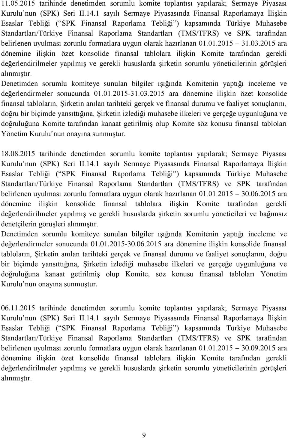 (TMS/TFRS) ve SPK tarafından belirlenen uyulması zorunlu formatlara uygun olarak hazırlanan 01.01.2015 31.03.