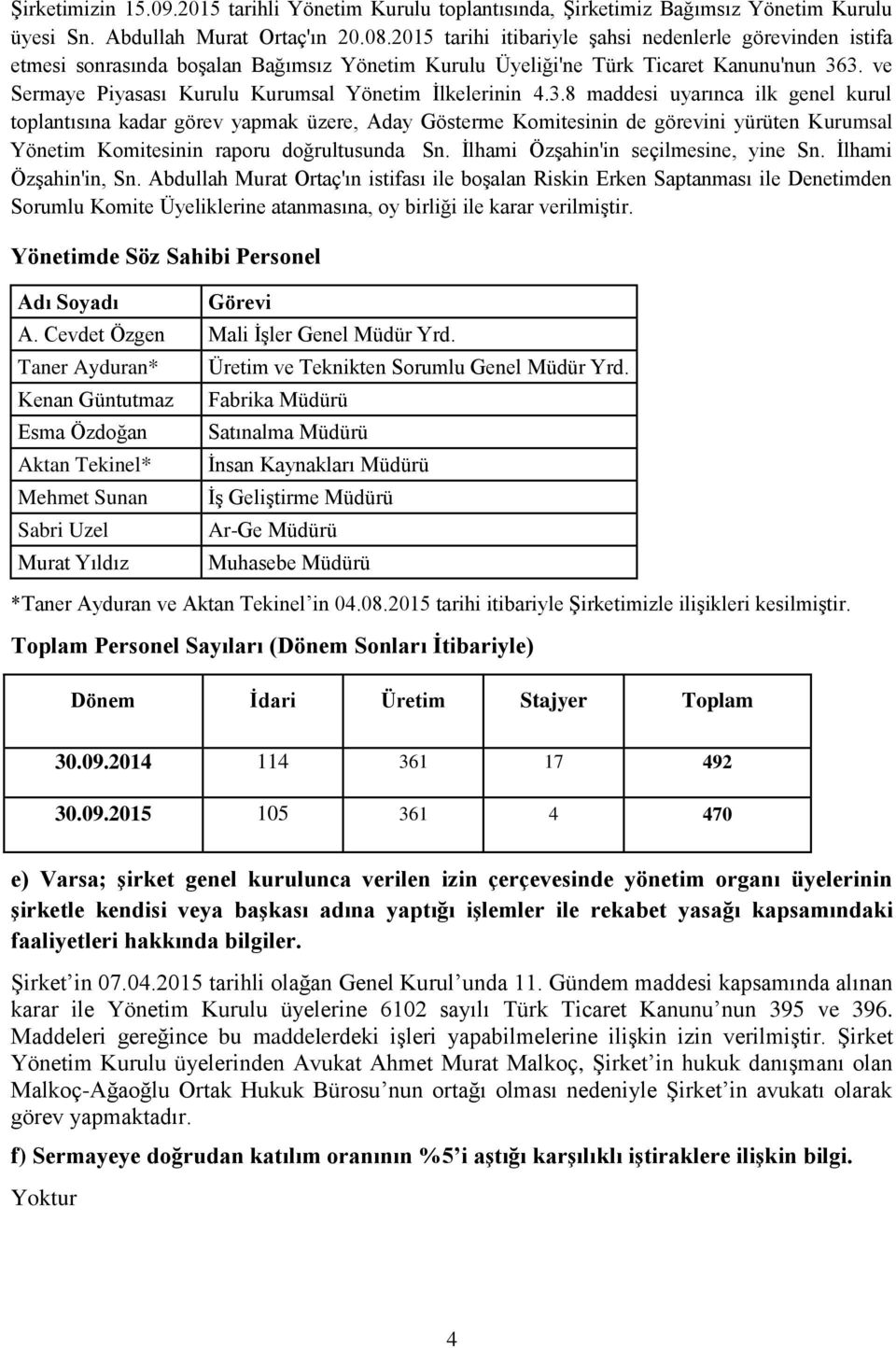 ve Sermaye Piyasası Kurulu Kurumsal Yönetim İlkelerinin 4.3.