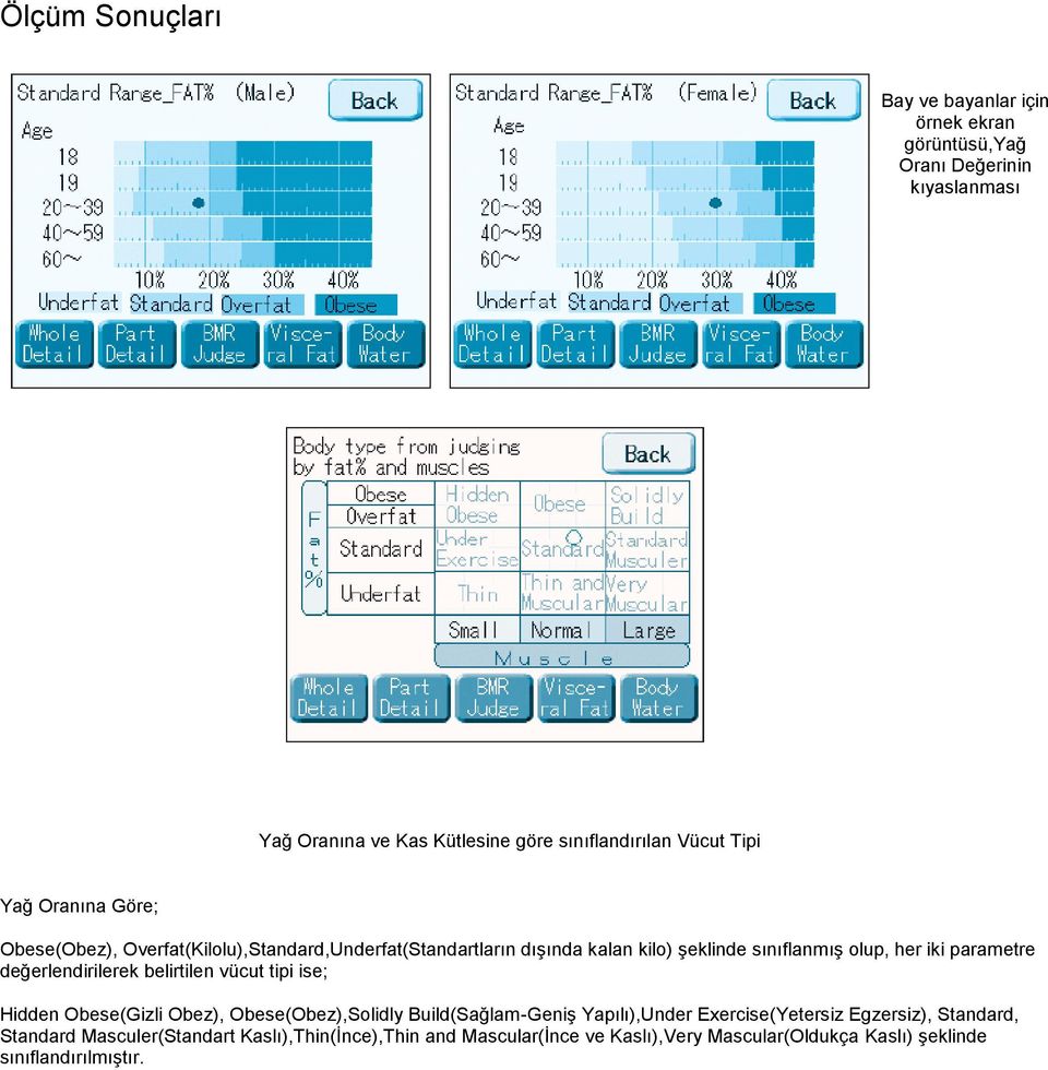 değerlendirilerek belirtilen vücut tipi ise; Hidden Obese(Gizli Obez), Obese(Obez),Solidly Build(Sağlam-Geniş Yapılı),Under Exercise(Yetersiz