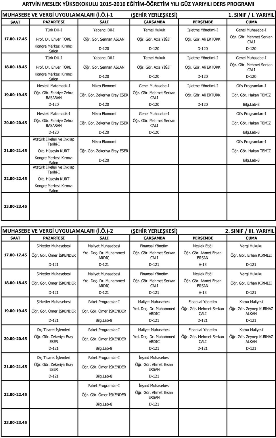 Şennan Öğr. Gör. Aziz YİĞİT Öğr. Gör. Ali ERTÜRK D120 D120 D120 D120 Mesleki MatematikI Mikro Ekonomi Genel MuhasebeI İşletme YönetimiI Ofis ProgramlarıI Öğr. Gör. Ali ERTÜRK D120 D120 D120 D120 Bilg.