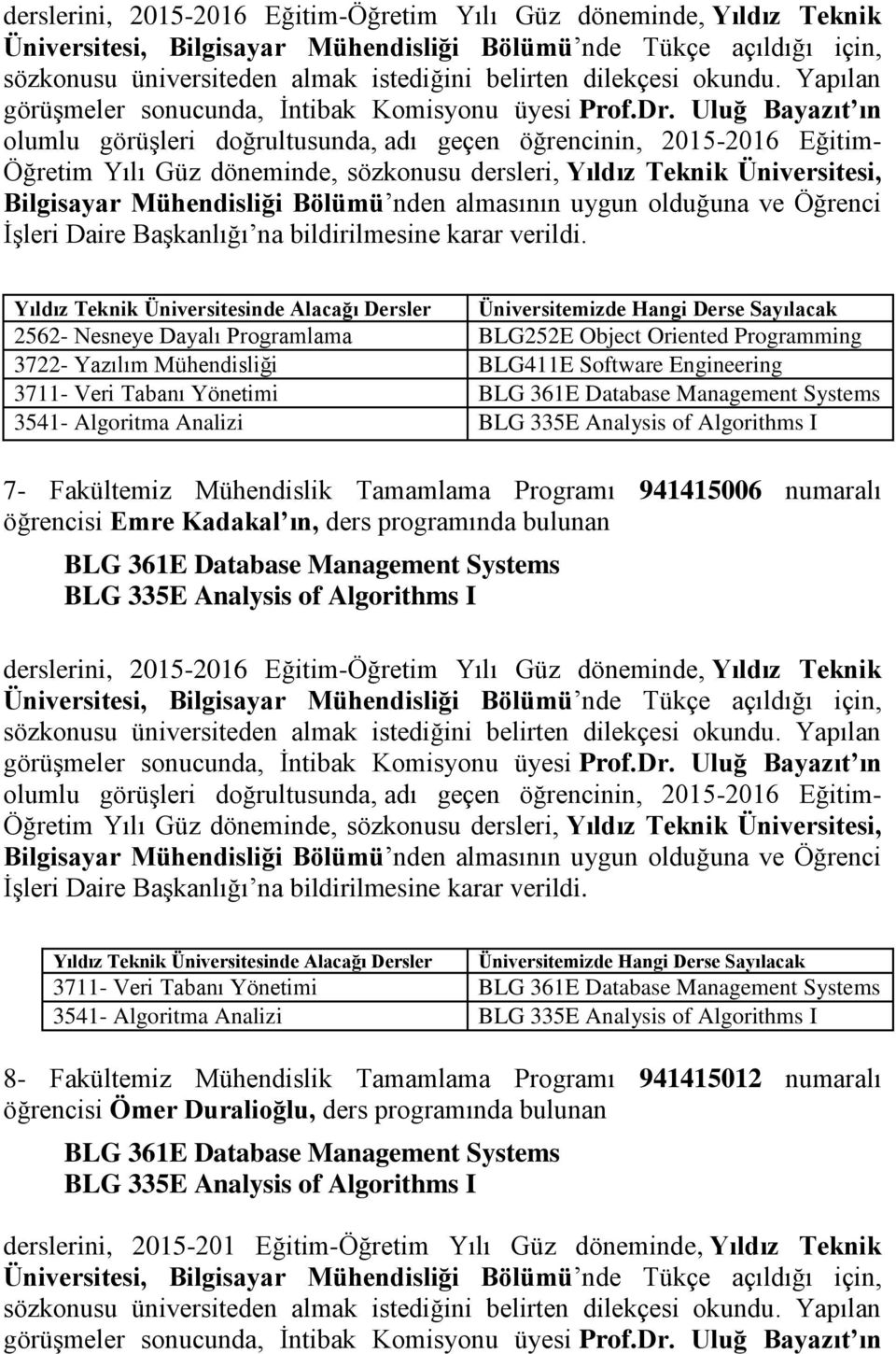 ın, ders programında bulunan derslerini, 2015-2016 Eğitim-Öğretim Yılı Güz döneminde, Yıldız Teknik 3541- Algoritma Analizi 8- Fakültemiz Mühendislik