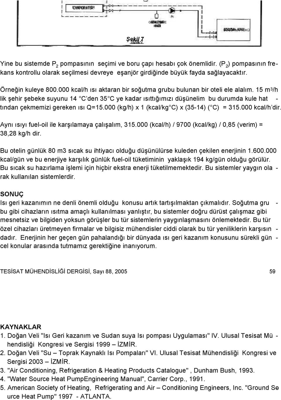 15 m 3 /h lik şehir şebeke suyunu 14 C den 35 C ye kadar ısıttığımızı düşünelim bu durumda kule hat - tından çekmemizi gereken ısı Q=15.000 (kg/h) x 1 (kcal/kg C) x (35-14) ( C) = 315.000 kcal/h dir.