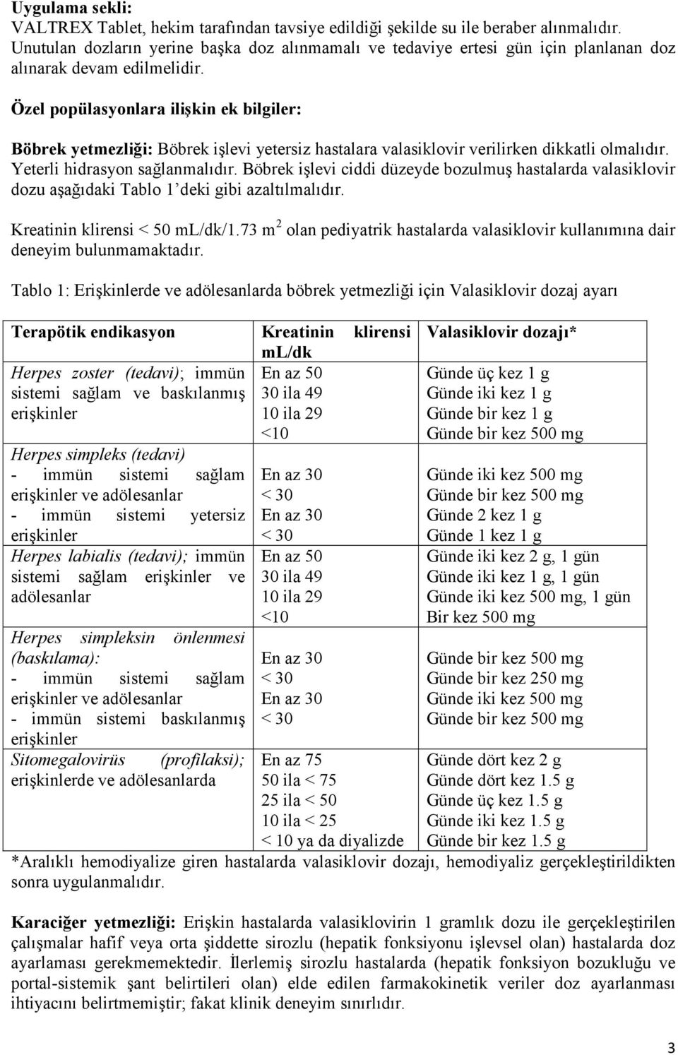 Özel popülasyonlara ilişkin ek bilgiler: Böbrek yetmezliği: Böbrek işlevi yetersiz hastalara valasiklovir verilirken dikkatli olmalıdır. Yeterli hidrasyon sağlanmalıdır.