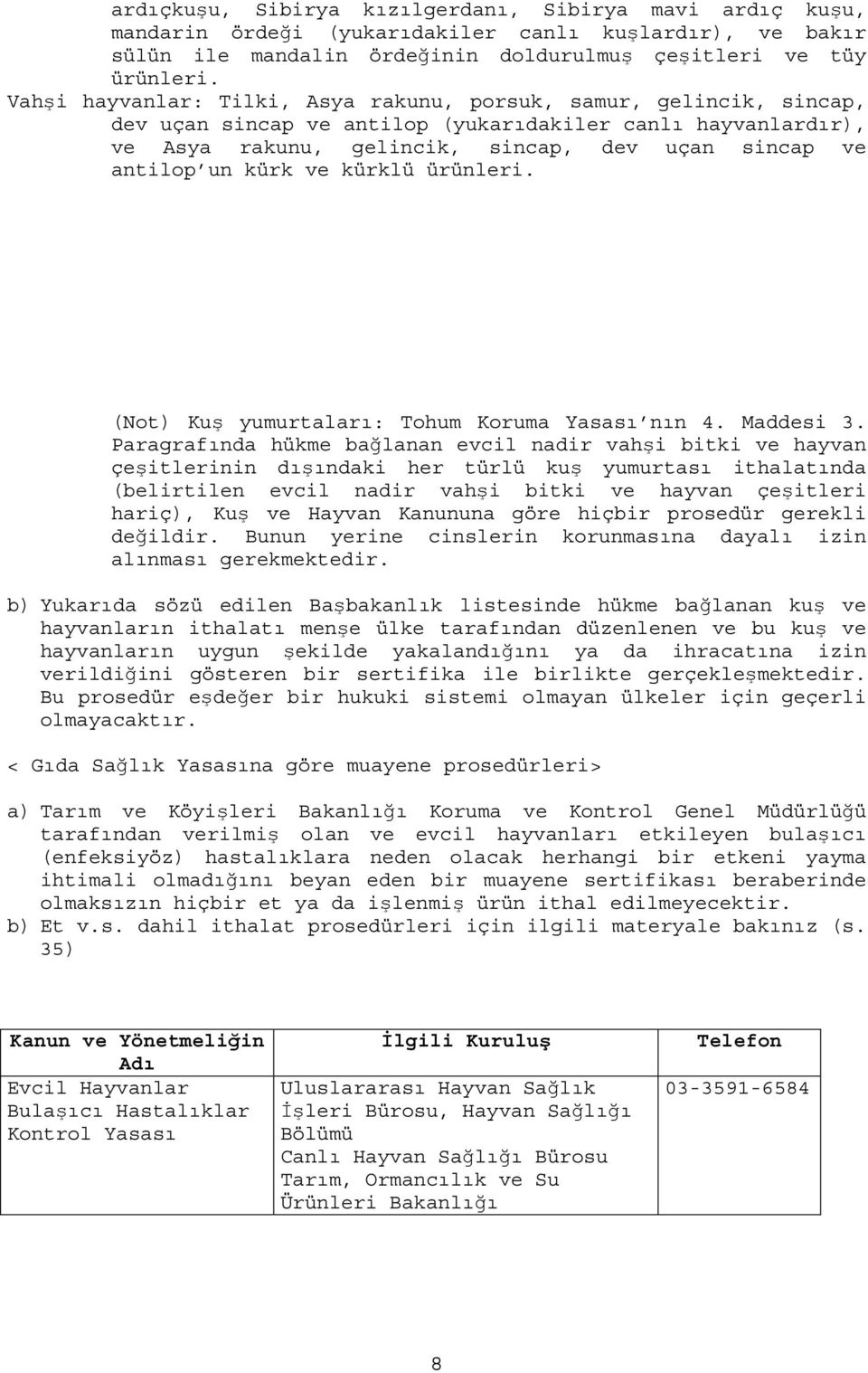 kürk ve kürklü ürünleri. (Not) Kuş yumurtaları: Tohum Koruma Yasası nın 4. Maddesi 3.