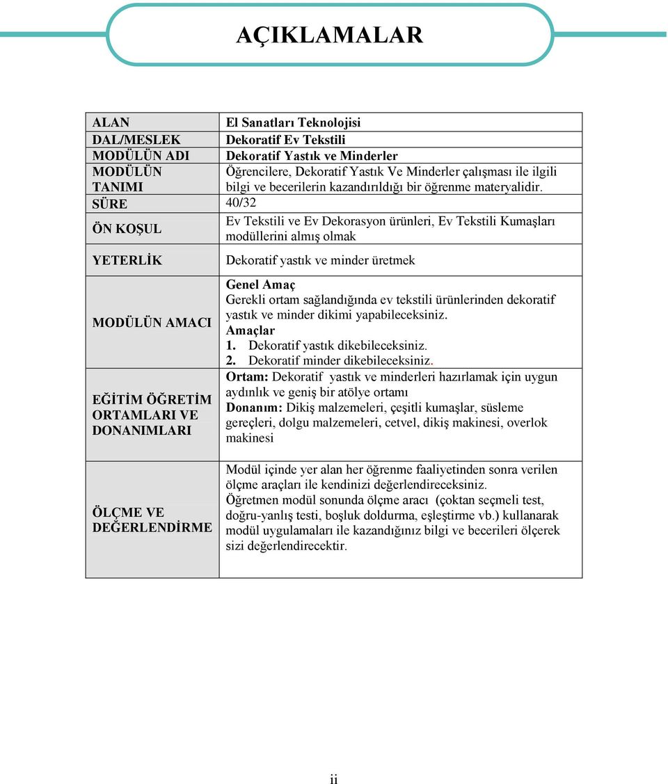 SÜRE 40/32 ÖN KOŞUL Ev Tekstili ve Ev Dekorasyon ürünleri, Ev Tekstili Kumaşları modüllerini almış olmak YETERLİK MODÜLÜN AMACI EĞİTİM ÖĞRETİM ORTAMLARI VE DONANIMLARI AÇIKLAMALAR Dekoratif yastık ve