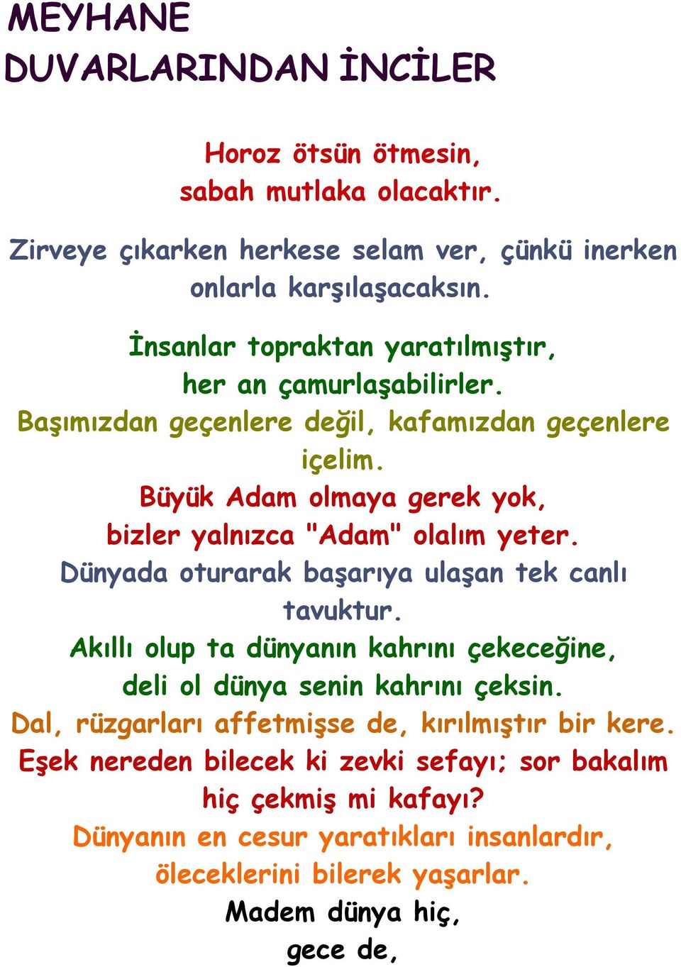 Büyük Adam olmaya gerek yok, bizler yalnızca "Adam" olalım yeter. Dünyada oturarak başarıya ulaşan tek canlı tavuktur.