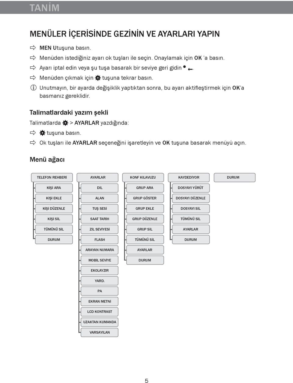 Unutmayın, bir ayarda değişiklik yaptıktan sonra, bu ayarı aktifleştirmek için OK a basmanız gereklidir. Talimatlardaki yazım şekli Talimatlarda tuşuna basın.