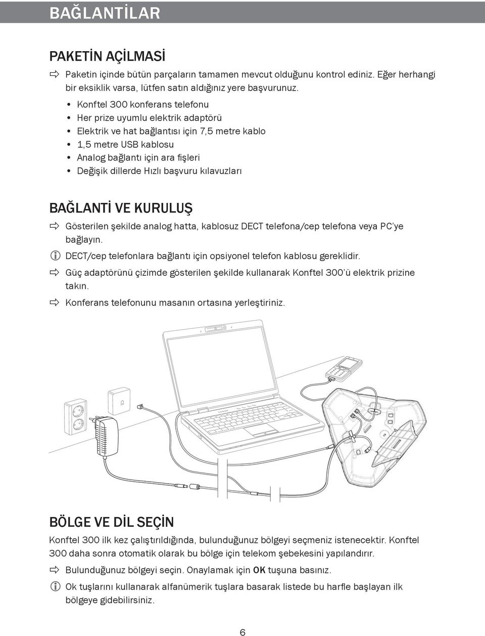 kılavuzları BAĞLANTI VE KURULUŞ Gösterilen şekilde analog hatta, kablosuz DECT telefona/cep telefona veya PC ye bağlayın. DECT/cep telefonlara bağlantı için opsiyonel telefon kablosu gereklidir.