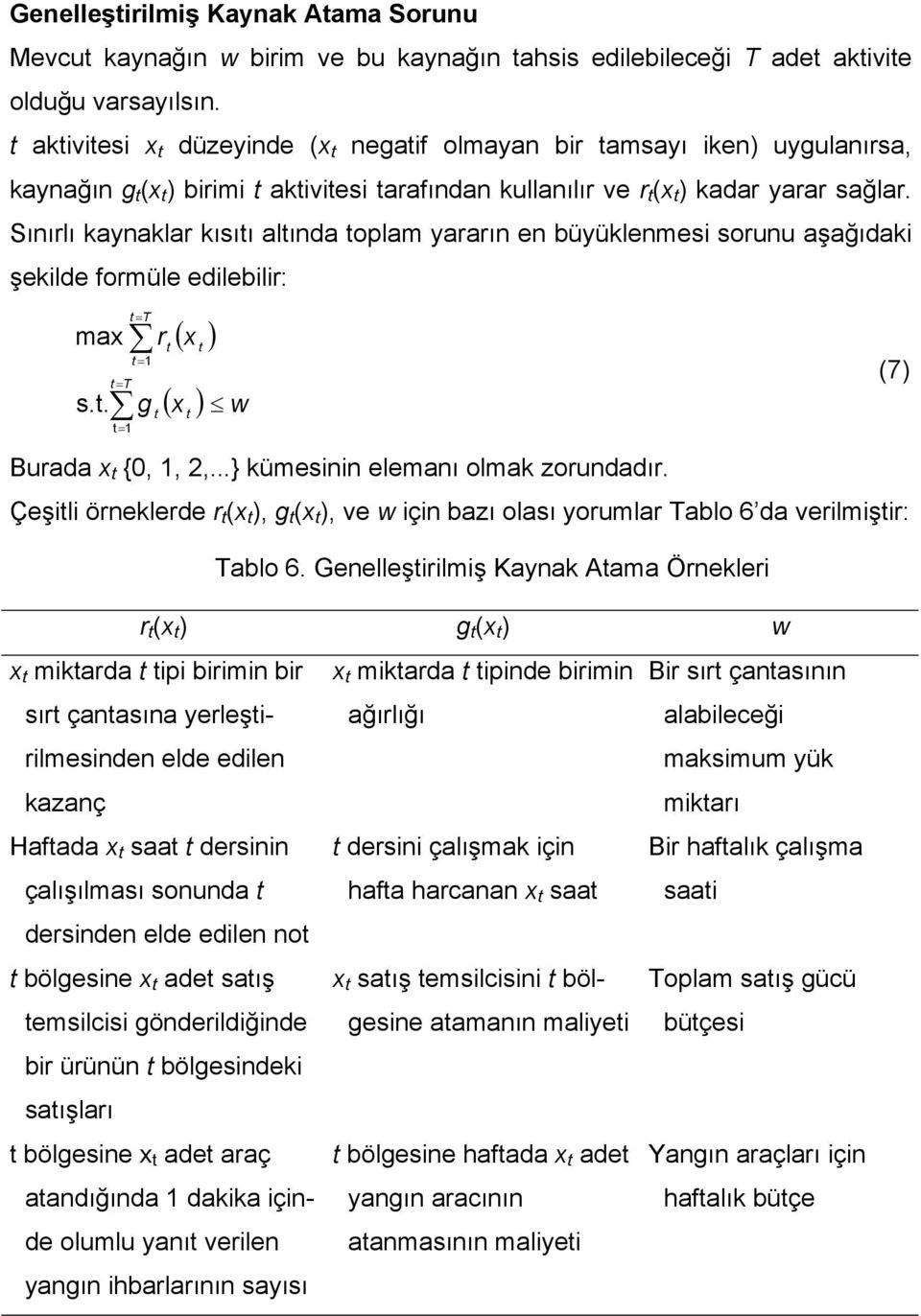 Sınırlı kaynaklar kısıtı altında toplam yararın en büyüklenmesi sorunu aşağıdaki şekilde ormüle edilebilir: ma s.t. t = T t= 1 t = T t = 1 g t r t ( ) ( ) w t t Burada t {0, 1,,.