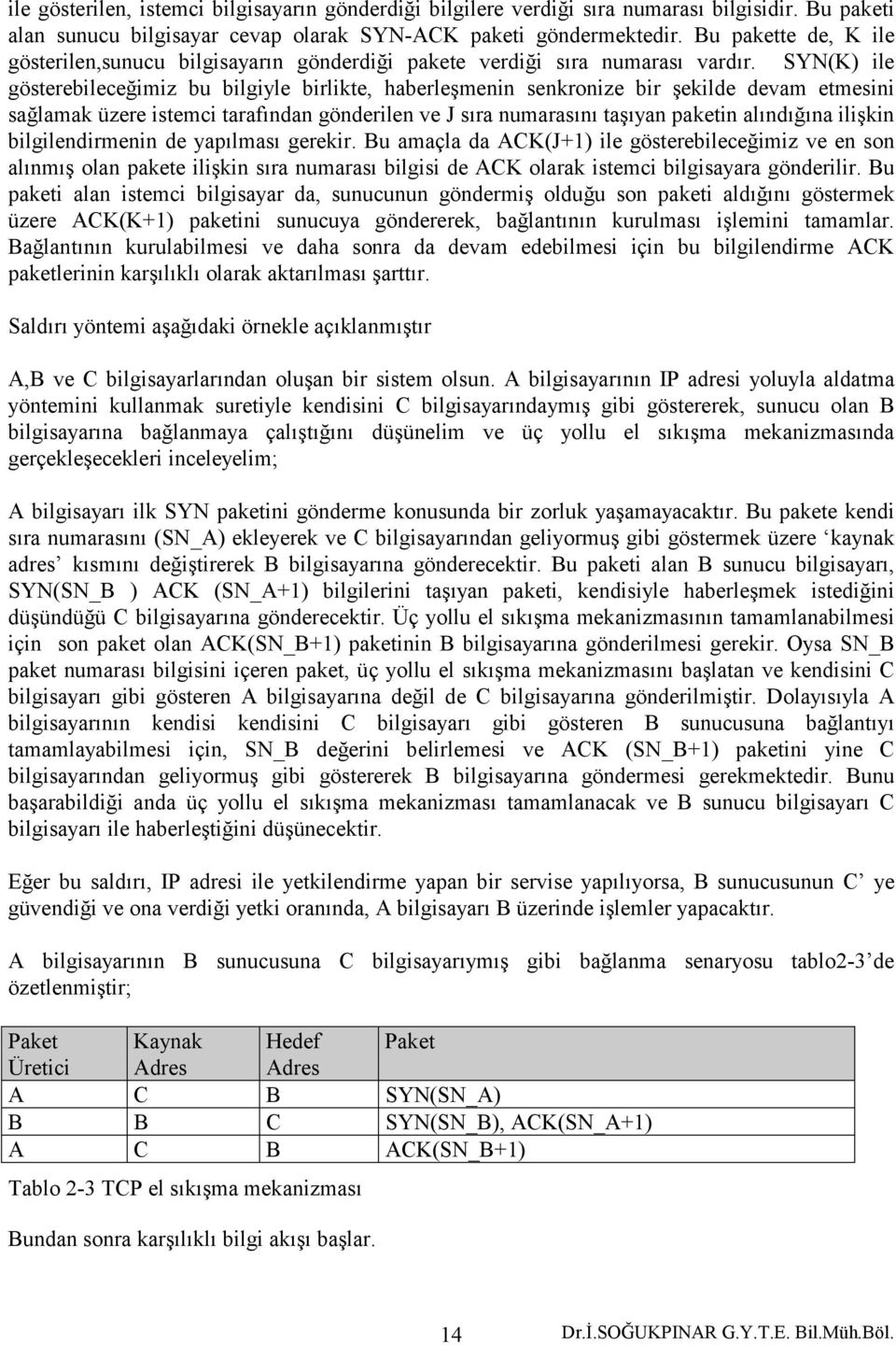 SYN(K) ile gösterebileceğimiz bu bilgiyle birlikte, haberleşmenin senkronize bir şekilde devam etmesini sağlamak üzere istemci tarafından gönderilen ve J sıra numarasını taşıyan paketin alındığına