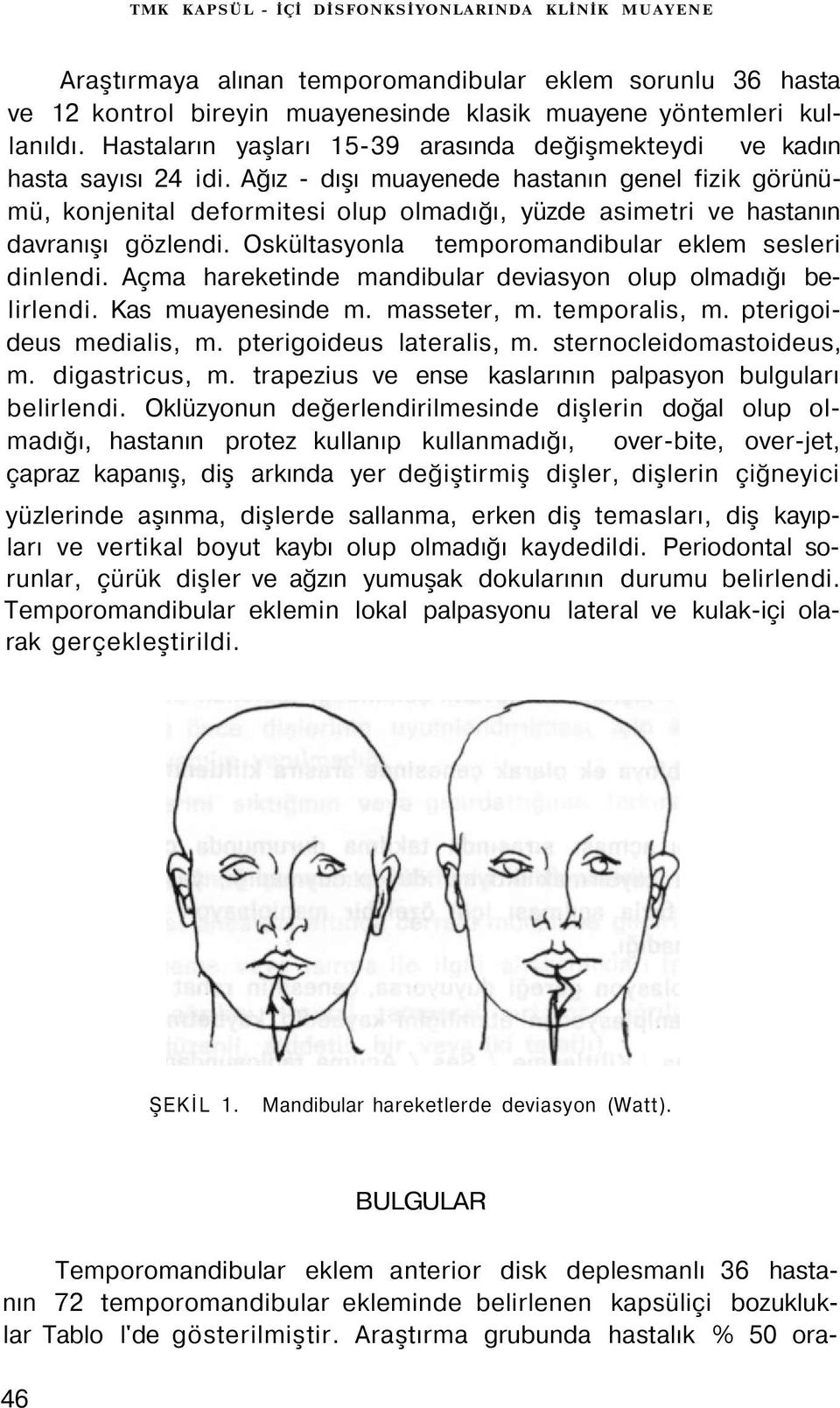 Ağız - dışı muayenede hastanın genel fizik görünümü, konjenital deformitesi olup olmadığı, yüzde asimetri ve hastanın davranışı gözlendi. Oskültasyonla temporomandibular eklem sesleri dinlendi.