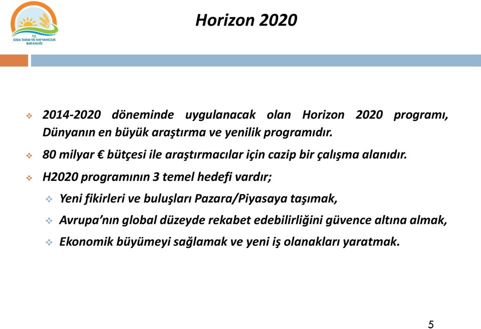 H2020 programının 3 temel hedefi vardır; Yeni fikirleri ve buluşları Pazara/Piyasaya taşımak, Avrupa nın