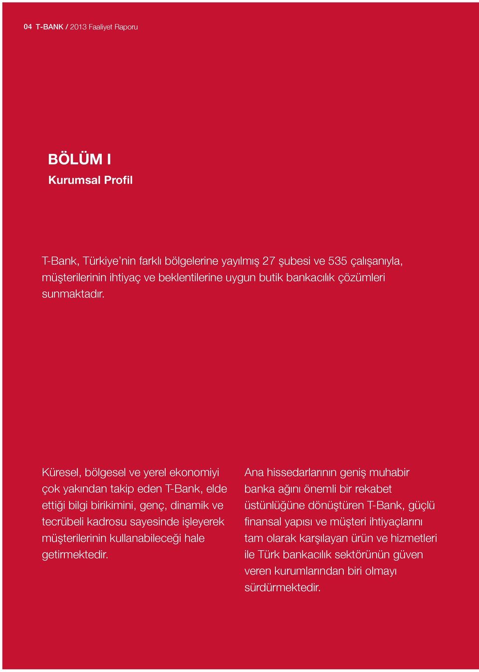 Küresel, bölgesel ve yerel ekonomiyi çok yakından takip eden T-Bank, elde ettiği bilgi birikimini, genç, dinamik ve tecrübeli kadrosu sayesinde işleyerek müşterilerinin