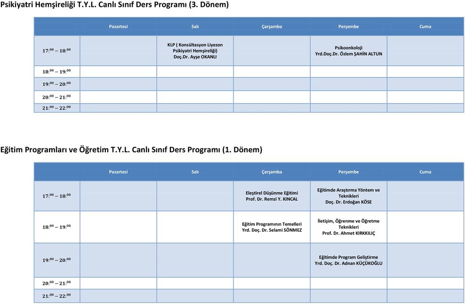 Dönem) Eleştirel Düşünme Eğitimi Prof. Dr. Remzi Y. KINCAL Eğitimde Araştırma Yöntem ve Teknikleri Doç. Dr. Erdoğan KÖSE Eğitim Programının Temelleri Yrd.