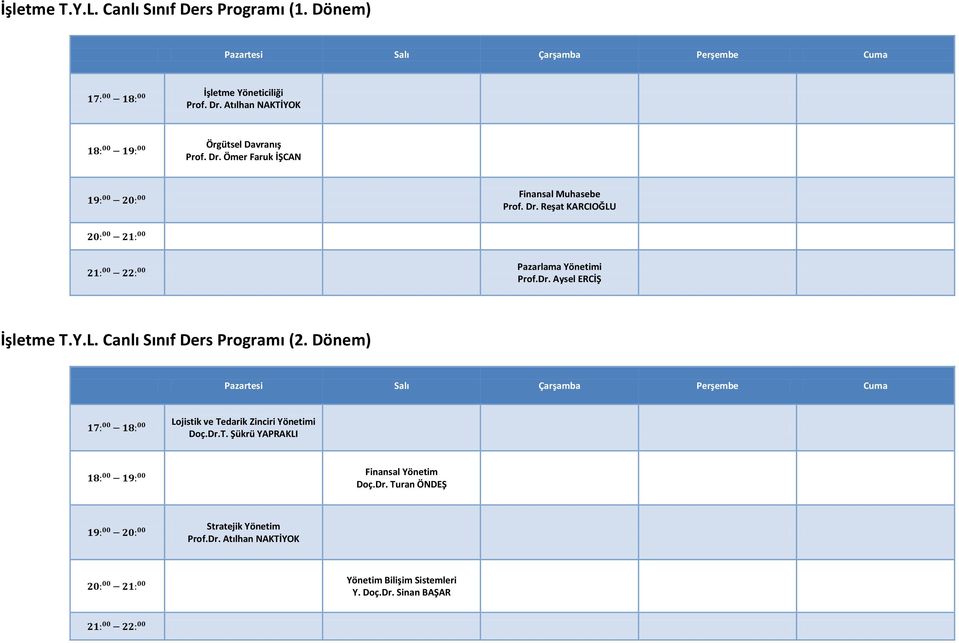 Dr. Aysel ERCİŞ İşletme T.Y.L. Canlı Sınıf Ders Programı (2. Dönem) Lojistik ve Tedarik Zinciri Yönetimi Doç.Dr.T. Şükrü YAPRAKLI Finansal Yönetim Doç.