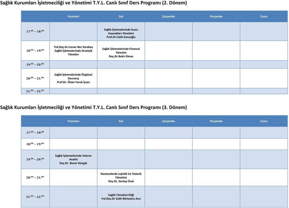 Dr. Ömer Faruk İşcan Sağlık Kurumları İşletmeciliği ve Yönetimi T.Y.L. Canlı Sınıf Ders Programı (3. Dönem) Sağlık İşletmelerinde Yatırım Analizi Doç.Dr. Bener Güngör Hastanelerde Lojistik Ve Tedarik Yönetimi Doç.