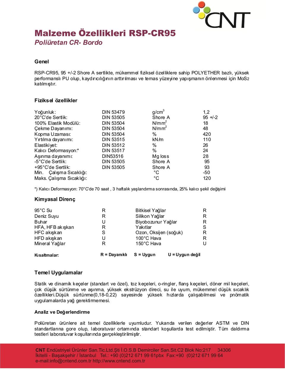 Fiziksel özellikler Yoðunluk : DIN 53479 g/cm 3 1,2 20 C de Sertlik: DIN 53505 Shore A 95 +/-2 100% Elastik Modülü: DIN 53504 N/mm 2 18 Çekme Dayanýmý: DIN 53504 N/mm 2 48 Kopma Uzamasý: DIN 53504 %