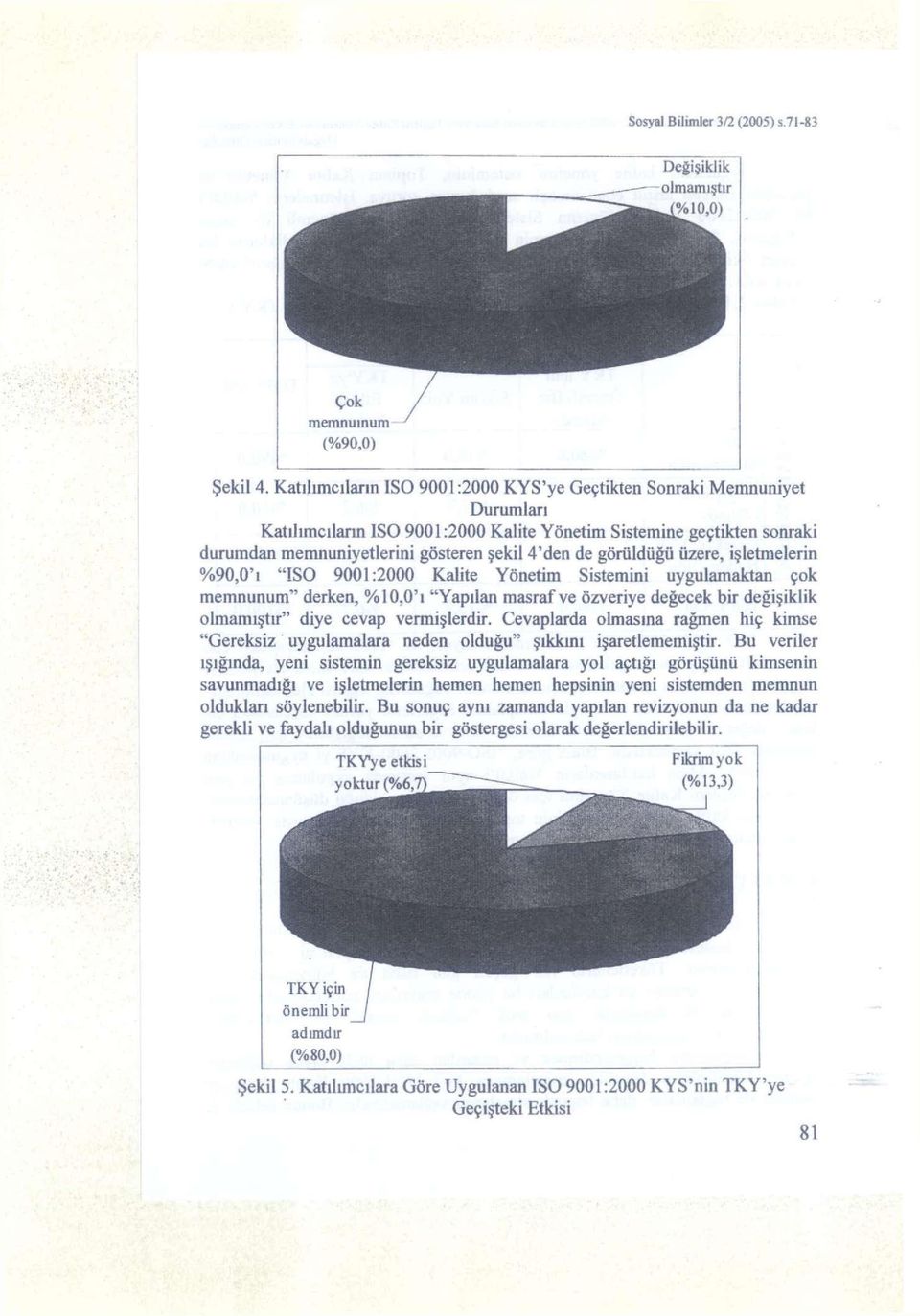 görüldüğü üzere, işletmelerin %90,0'ı "ISO 9001:2000 Kalite Yönetim Sistemini uygulamaktan çok memnunum" derken, %10,0'ı "Yapılan masraf ve Özveriye değecek bir değişiklik olmamıştır" diye cevap