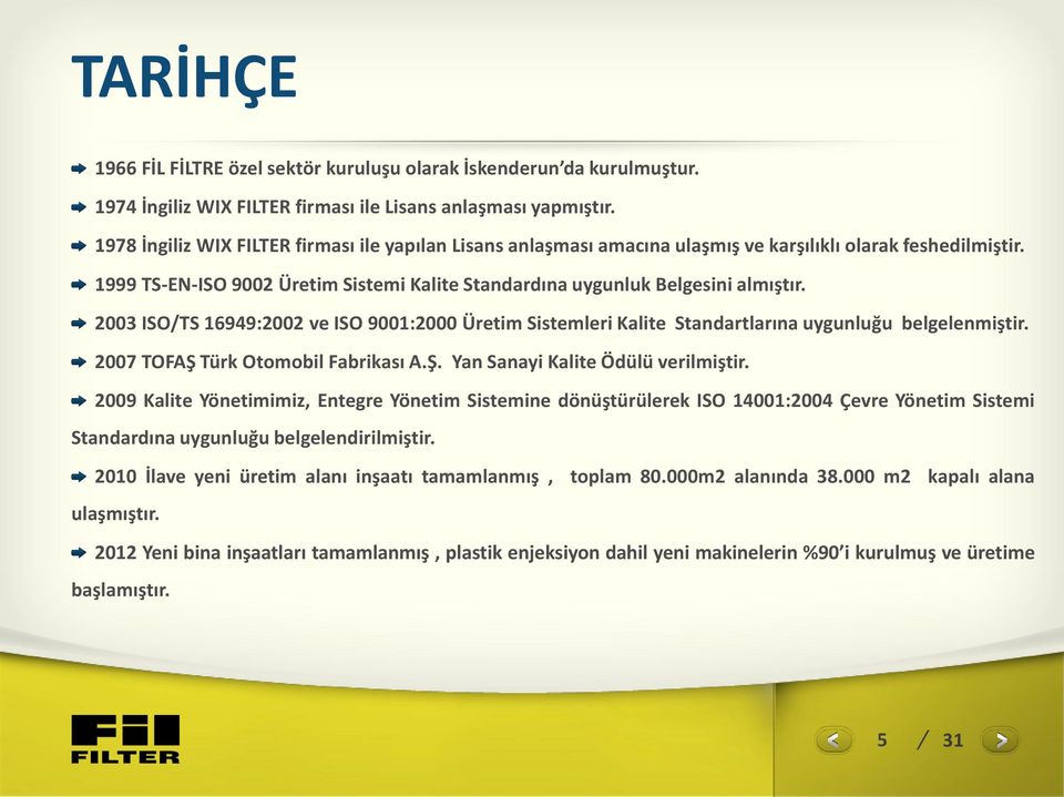 2003 ISO/TS 16949:2002 ve ISO 9001:2000 Üretim Sistemleri Kalite Standartlarına uygunluğu belgelenmiştir. 2007 TOFAŞ Türk Otomobil Fabrikası A.Ş. Yan Sanayi Kalite Ödülü verilmiştir.