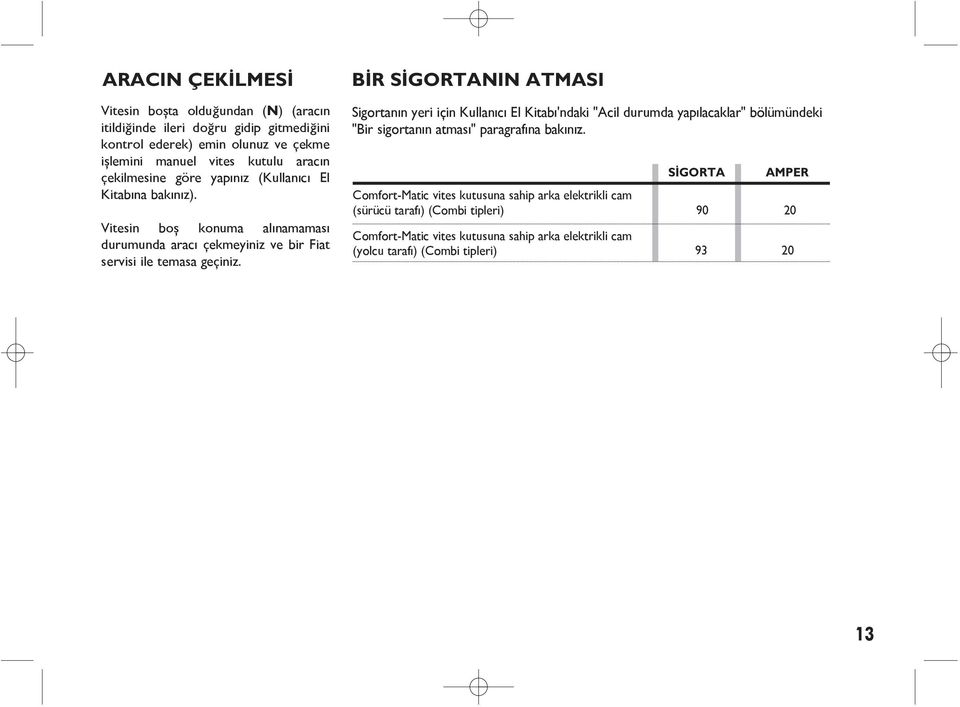 BİR SİGORTANIN ATMASI Sigortanın yeri için Kullanıcı El Kitabı'ndaki "Acil durumda yapılacaklar" bölümündeki "Bir sigortanın atması" paragrafına bakınız.