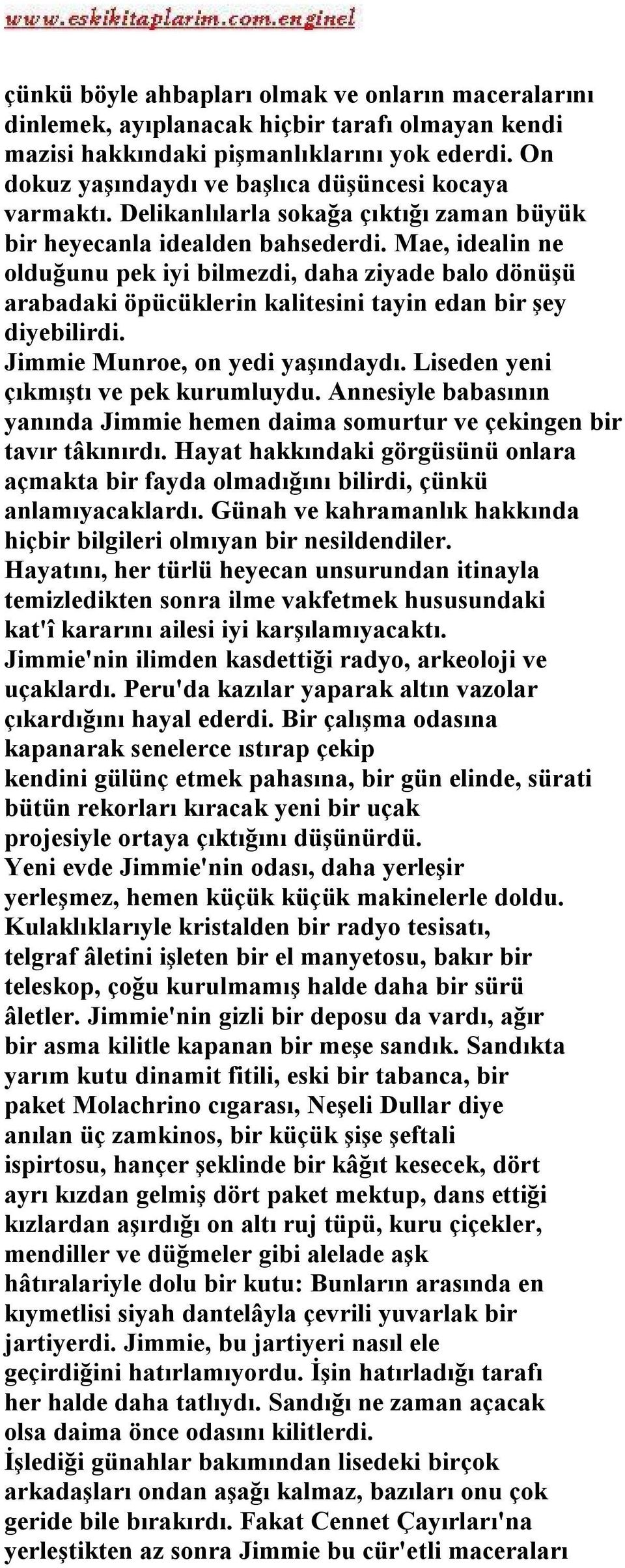 Mae, idealin ne olduğunu pek iyi bilmezdi, daha ziyade balo dönüşü arabadaki öpücüklerin kalitesini tayin edan bir şey diyebilirdi. Jimmie Munroe, on yedi yaşındaydı.