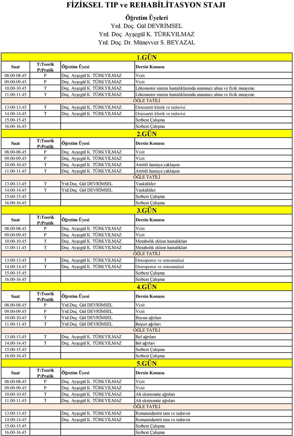 00-13.45 T Doç. yşegül K. TÜRKYILMZ Osteoartit klinik ve tedavisi 14.00-14.45 T Doç. yşegül K. TÜRKYILMZ Osteoartit klinik ve tedavisi 2.GÜN 08.00-08.45 P Doç. yşegül K. TÜRKYILMZ Vizit 09.00-09.