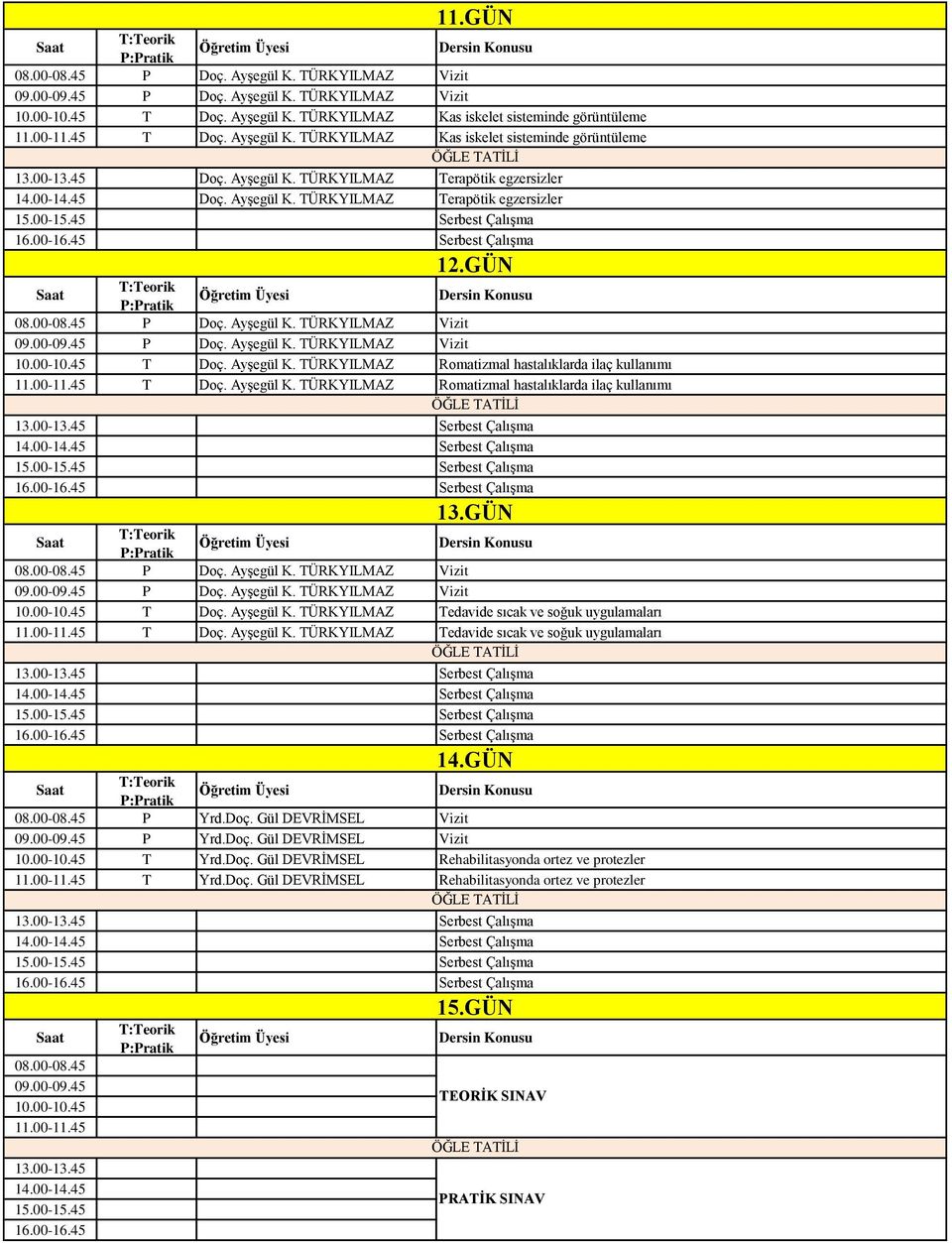 00-10.45 T Doç. yşegül K. TÜRKYILMZ Romatizmal hastalıklarda ilaç kullanımı 11.00-11.45 T Doç. yşegül K. TÜRKYILMZ Romatizmal hastalıklarda ilaç kullanımı 13.00-13.45 Serbest Çalışma 14.00-14.