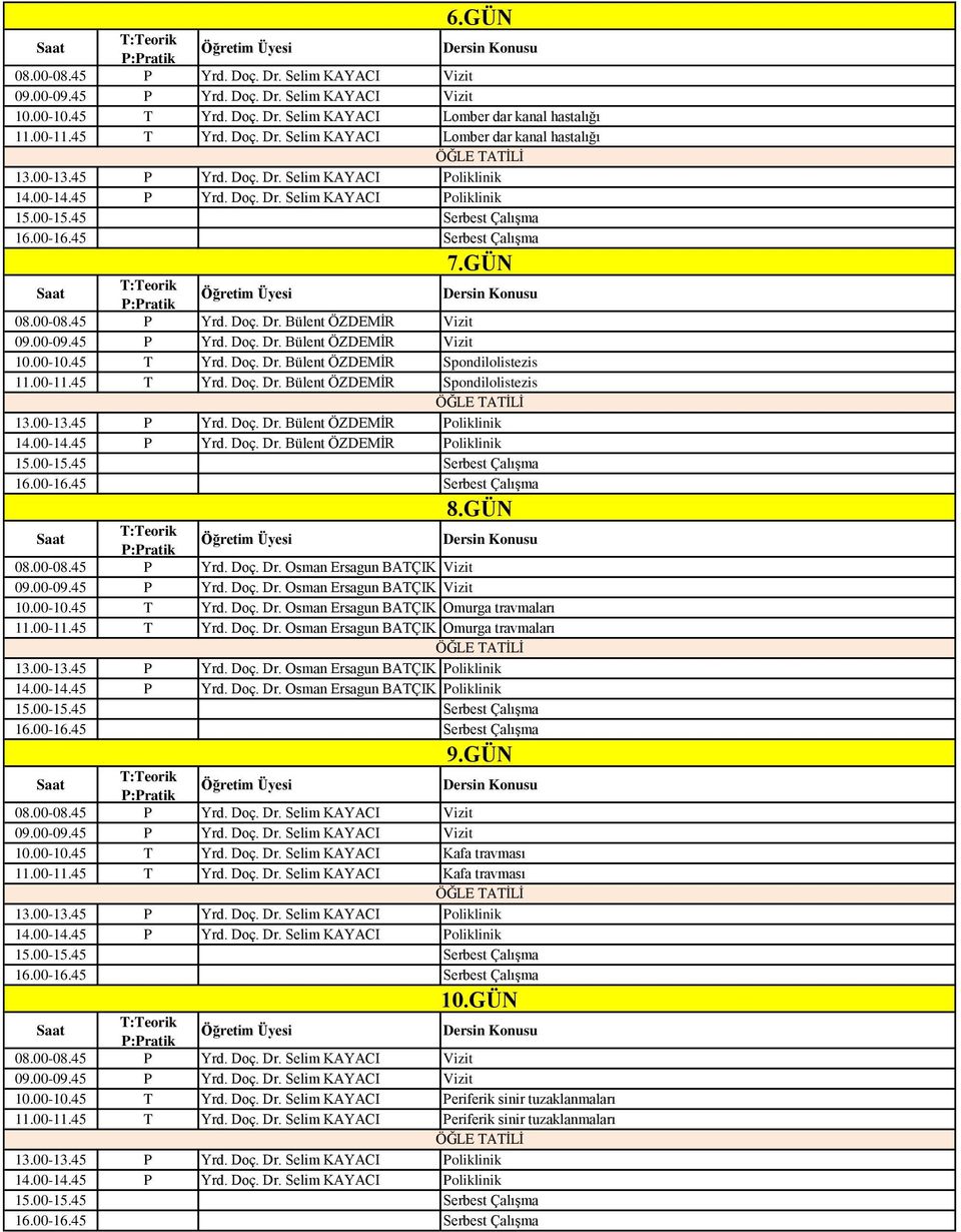 00-10.45 T Yrd. Doç. Dr. Bülent ÖZDEMİR Spondilolistezis 11.00-11.45 T Yrd. Doç. Dr. Bülent ÖZDEMİR Spondilolistezis 13.00-13.45 P Yrd. Doç. Dr. Bülent ÖZDEMİR Poliklinik 14.00-14.45 P Yrd. Doç. Dr. Bülent ÖZDEMİR Poliklinik 8.