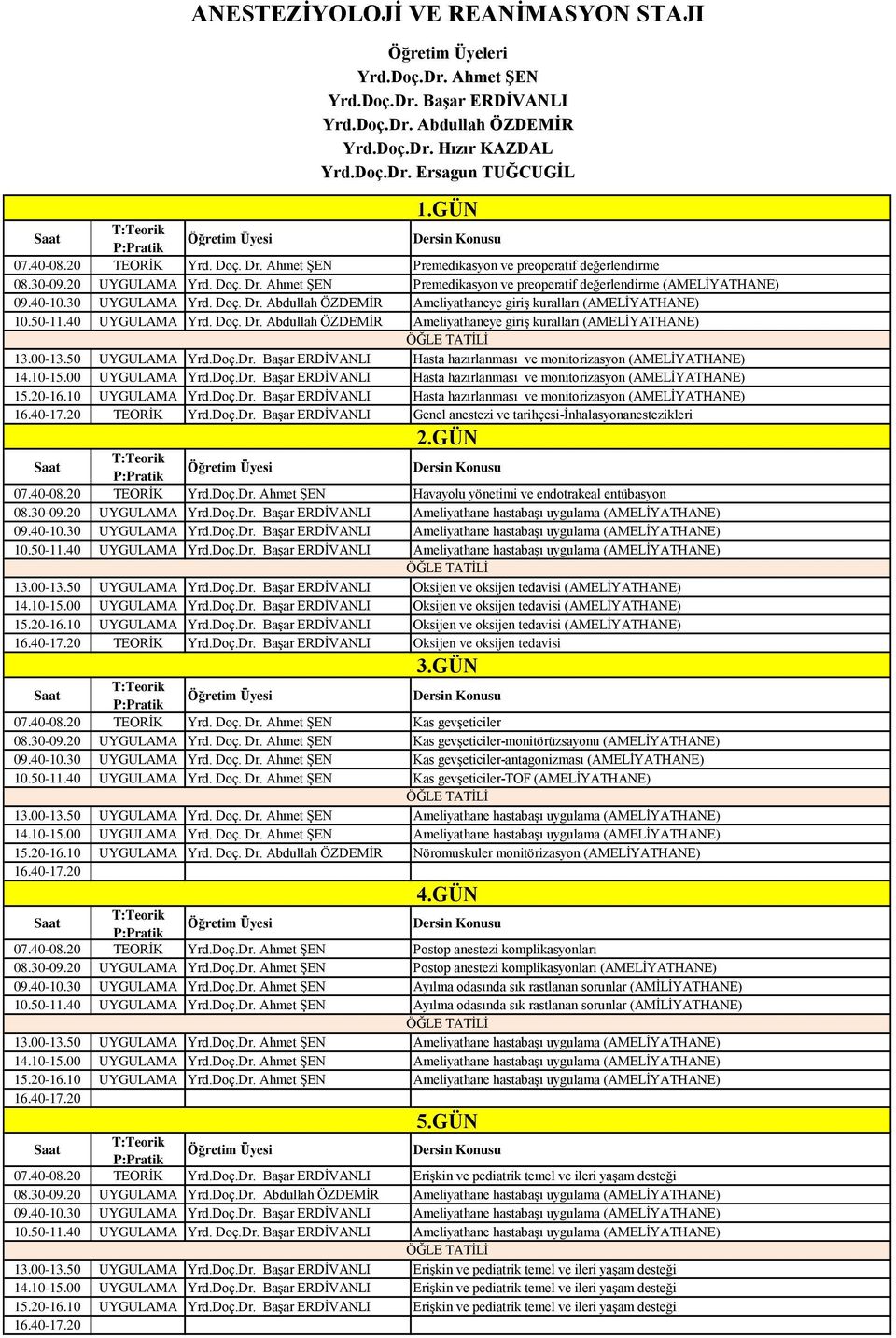 Doç. Dr. bdullah ÖZDEMİR meliyathaneye giriş kuralları (MELİYTHNE) 10.50-11.40 UYGULM Yrd. Doç. Dr. bdullah ÖZDEMİR meliyathaneye giriş kuralları (MELİYTHNE) 13.00-13.50 UYGULM Yrd.Doç.Dr. Başar ERDİVNLI Hasta hazırlanması ve monitorizasyon (MELİYTHNE) 14.