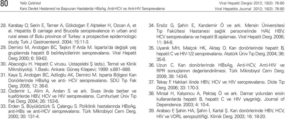 Demirci M, Arıdoğan BC, Taşkın P, Arda M. Isparta da değişik yaş gruplarında hepatit B belirleyicilerinin seroprevalansı. Viral Hepatit Derg 2000; 6: 59-62. 30. Abacıoğlu H. Hepatit C virusu.