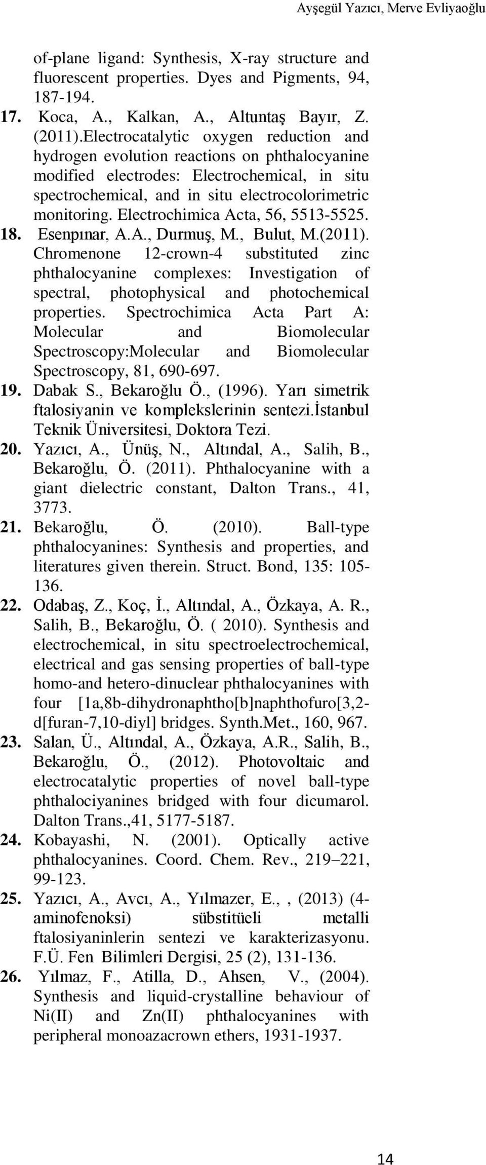 Electrochimica Acta, 56, 5513-5525. 18. Esenpınar, A.A., Durmuş, M., Bulut, M.(2011).