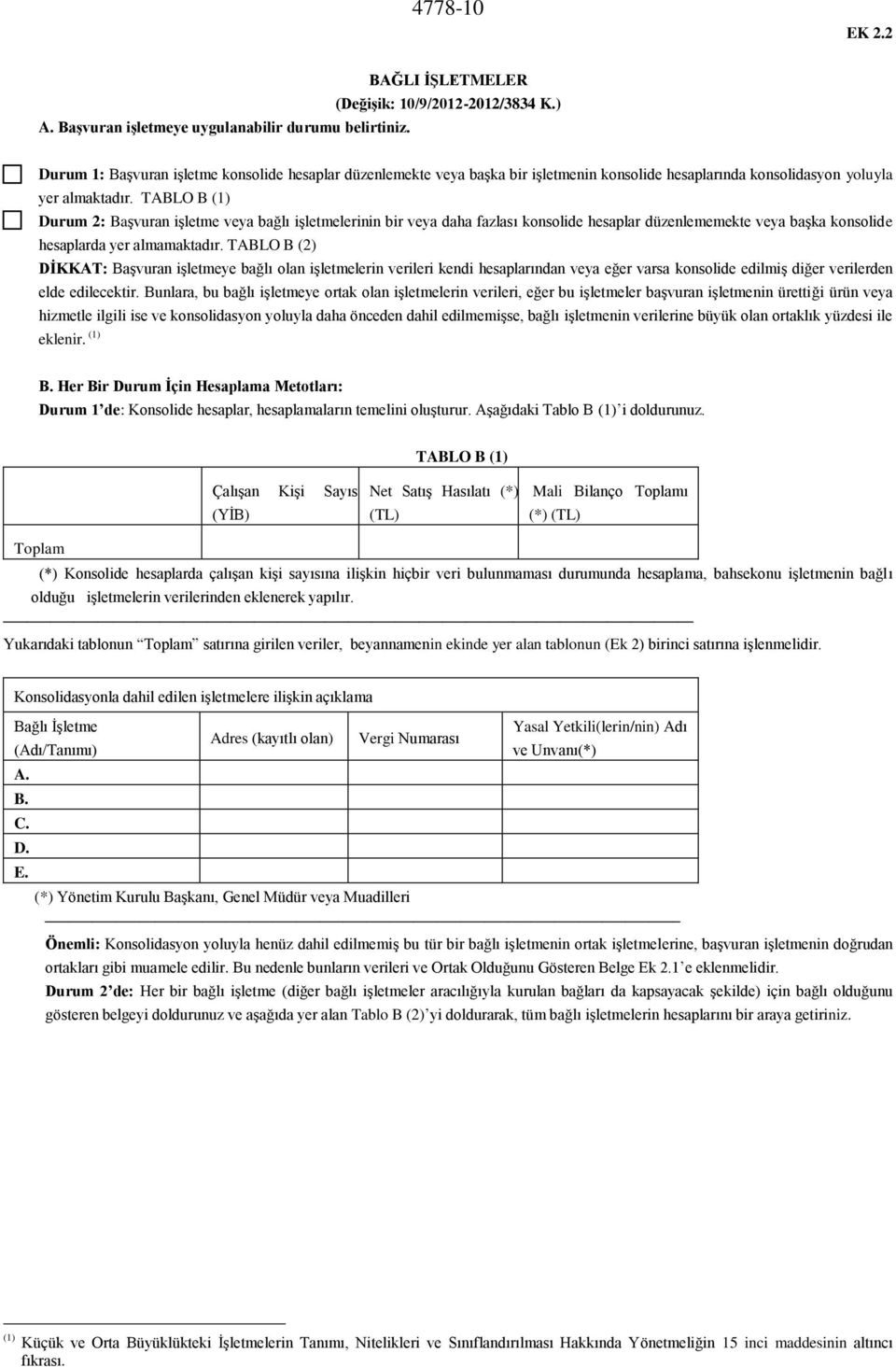 TABLO B (1) Durum 2: Başvuran işletme veya bağlı işletmelerinin bir veya daha fazlası konsolide hesaplar düzenlememekte veya başka konsolide hesaplarda yer almamaktadır.
