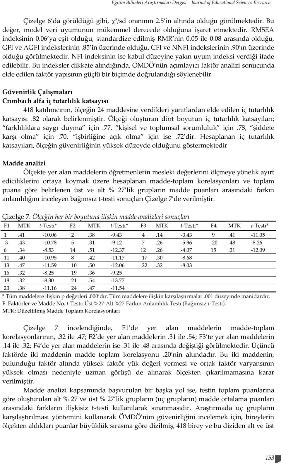 85 in üzerinde olduğu, CFI ve NNFI indekslerinin.90 ın üzerinde olduğu görülmektedir. NFI indeksinin ise kabul düzeyine yakın uyum indeksi verdiği ifade edilebilir.