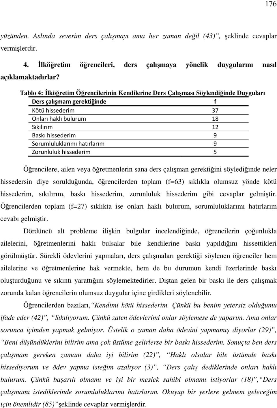 Sorumluluklarımı hatırlarım 9 Zorunluluk hissederim 5 Öğrencilere, ailen veya öğretmenlerin sana ders çalışman gerektiğini söylediğinde neler hissedersin diye sorulduğunda, öğrencilerden toplam (=63)