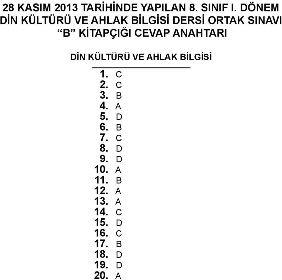 CEVAP ANAHTARI DİN KÜLTÜRÜ VE AHLAK İLGİSİ 1. C 2. C 3. 4. A 5.