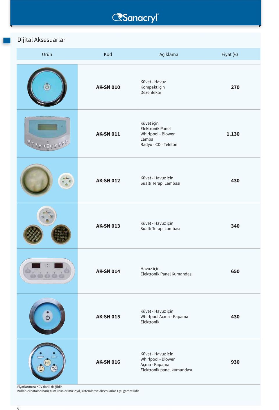 130 AK-SN 012 Küvet - Havuz için Sualtı Terapi Lambası 430 AK-SN 013 Küvet - Havuz için Sualtı Terapi Lambası 340 AK-SN 014 Havuz için Elektronik