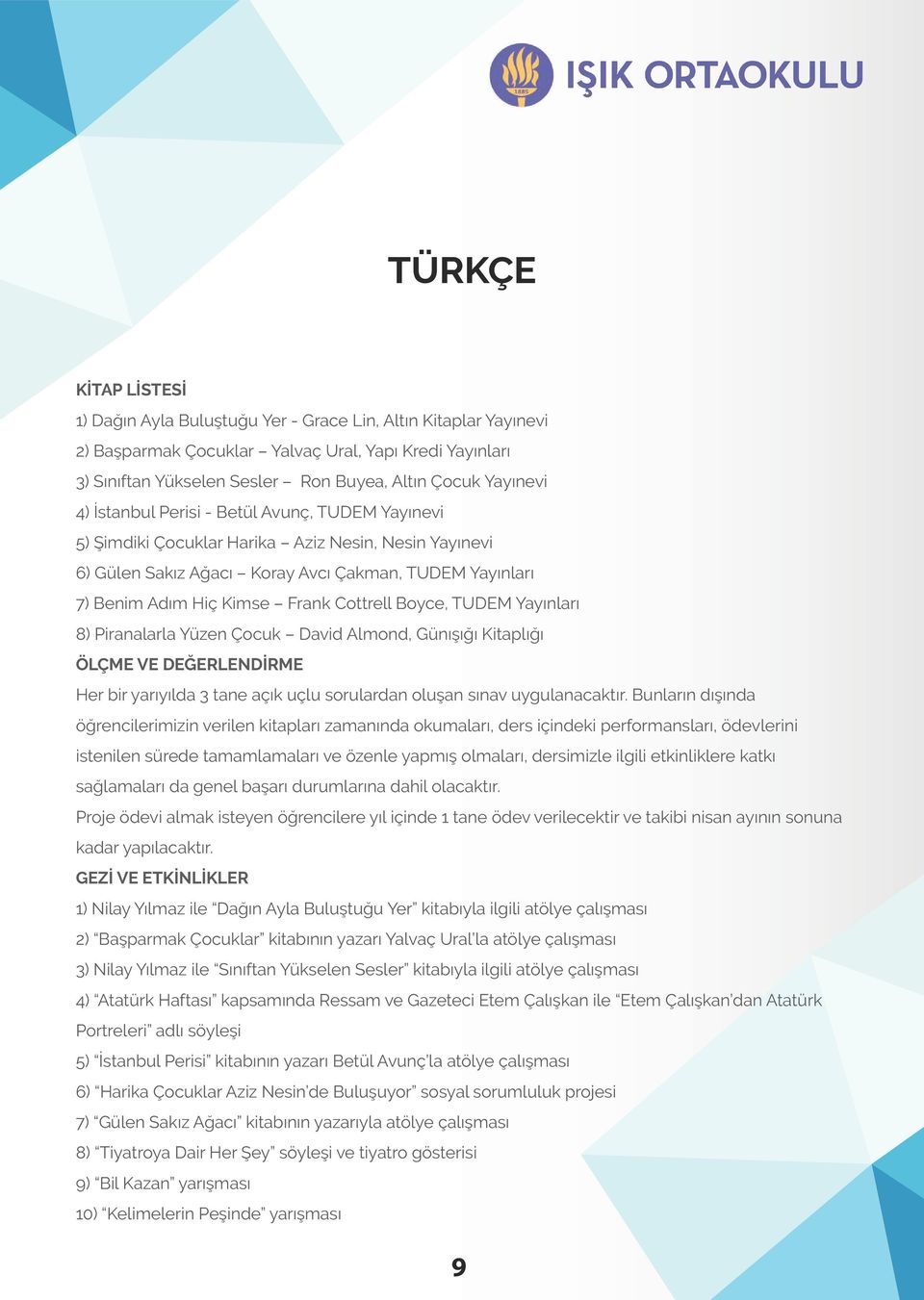 Boyce, TUDEM Yayınları 8) Piranalarla Yüzen Çocuk David Almond, Günışığı Kitaplığı ÖLÇME VE DEĞERLENDİRME Her bir yarıyılda 3 tane açık uçlu sorulardan oluşan sınav uygulanacaktır.