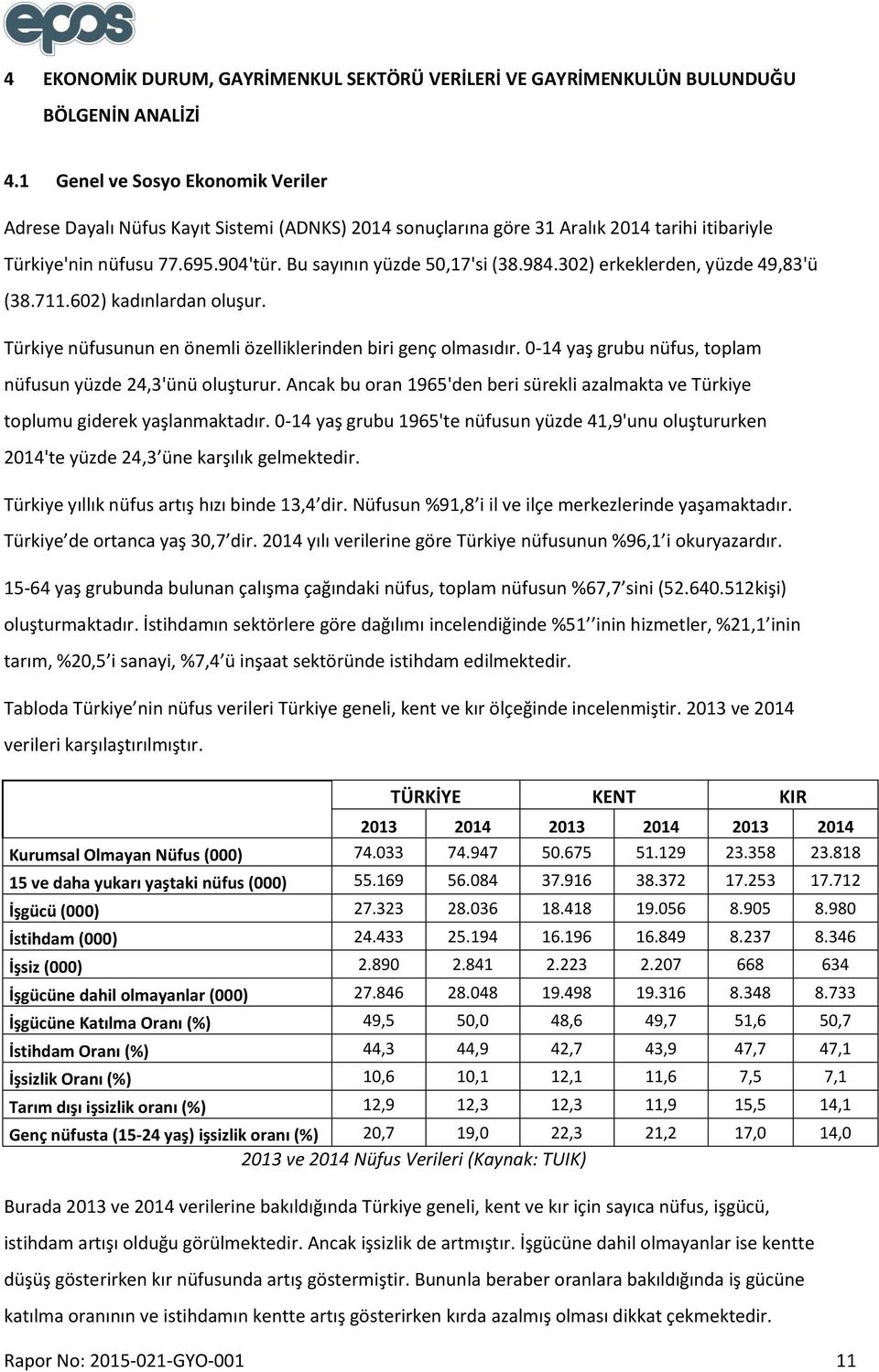 302) erkeklerden, yüzde 49,83'ü (38.711.602) kadınlardan oluşur. Türkiye nüfusunun en önemli özelliklerinden biri genç olmasıdır. 0-14 yaş grubu nüfus, toplam nüfusun yüzde 24,3'ünü oluşturur.