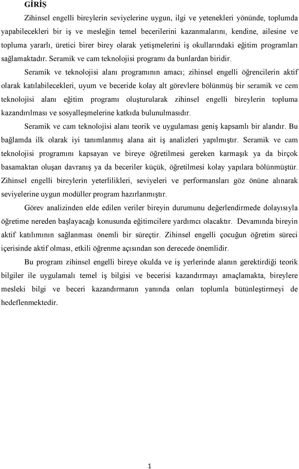 Seramik ve teknolojisi alanı programının amacı; zihinsel engelli öğrencilerin aktif olarak katılabilecekleri, uyum ve beceride kolay alt görevlere bölünmüş bir seramik ve cem teknolojisi alanı eğitim