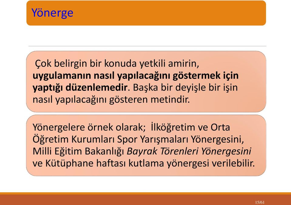 Yönergelere örnek olarak; İlköğretim ve Orta Öğretim Kurumları Spor Yarışmaları Yönergesini,